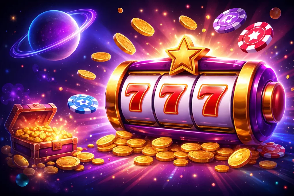 Futuristic slot machine with glowing 777 reels, golden coins, and treasure chest in a vibrant cosmic background