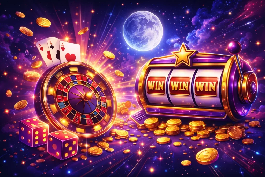 Space-themed casino scene with slot machine, roulette wheel, dice, playing cards, and floating gold coins in a starry galaxy setting