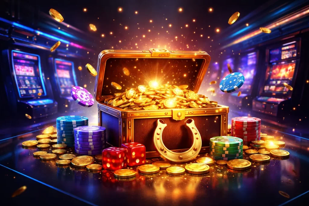Glowing treasure chest overflowing with gold coins and casino elements in a neon-lit gaming environment