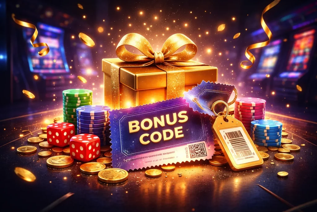 Golden gift box with promotional voucher concept surrounded by casino chips and glowing bonus-themed elements