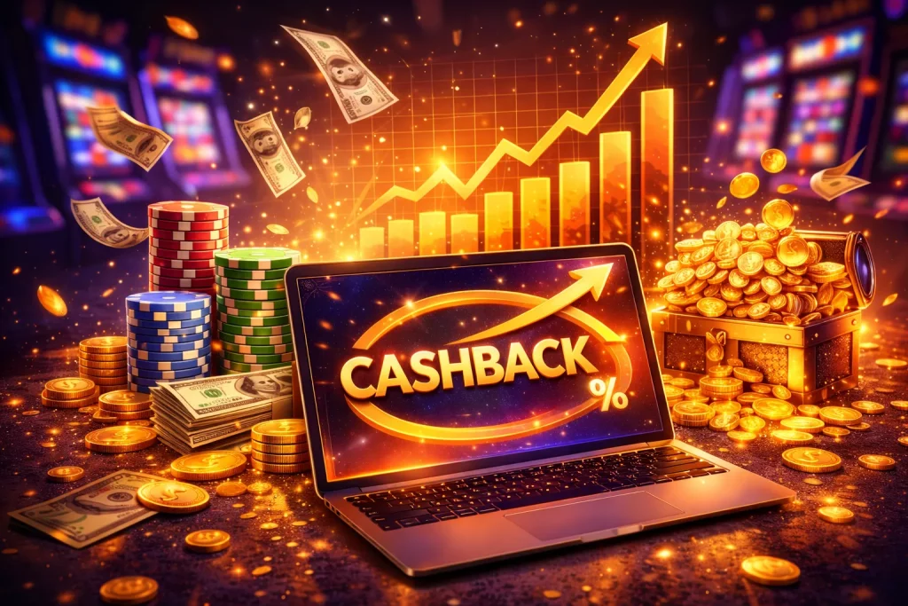 Laptop displaying cashback concept with rising financial chart, poker chips and treasure chest full of gold coins in a casino setting