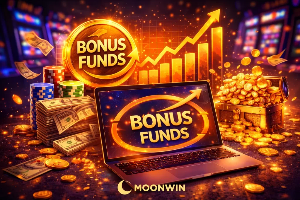 Glowing digital bonus funds concept with illuminated casino balance interface and floating gold coins in a dark gaming environment