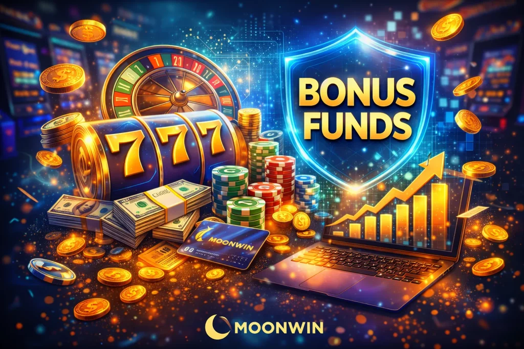 Casino-themed bonus funds illustration with glowing shield interface, slot reels, roulette wheel and stacked chips in a digital gaming environment