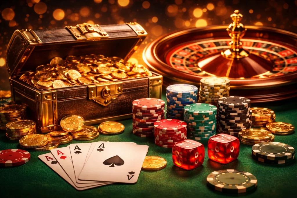 Luxury casino table with roulette wheel, treasure chest full of gold coins, stacked poker chips and red dice on green felt surface