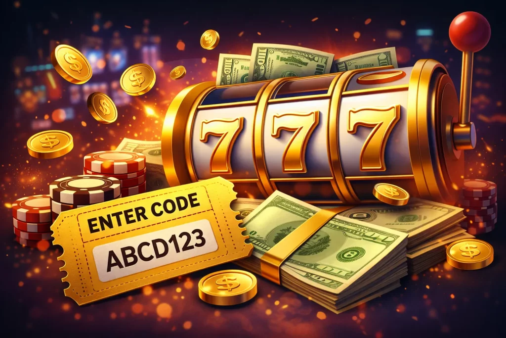 A gold slot machine displays triple sevens with a promotional ticket and stacks of cash, surrounded by poker chips and coins on a dark, glowing background.