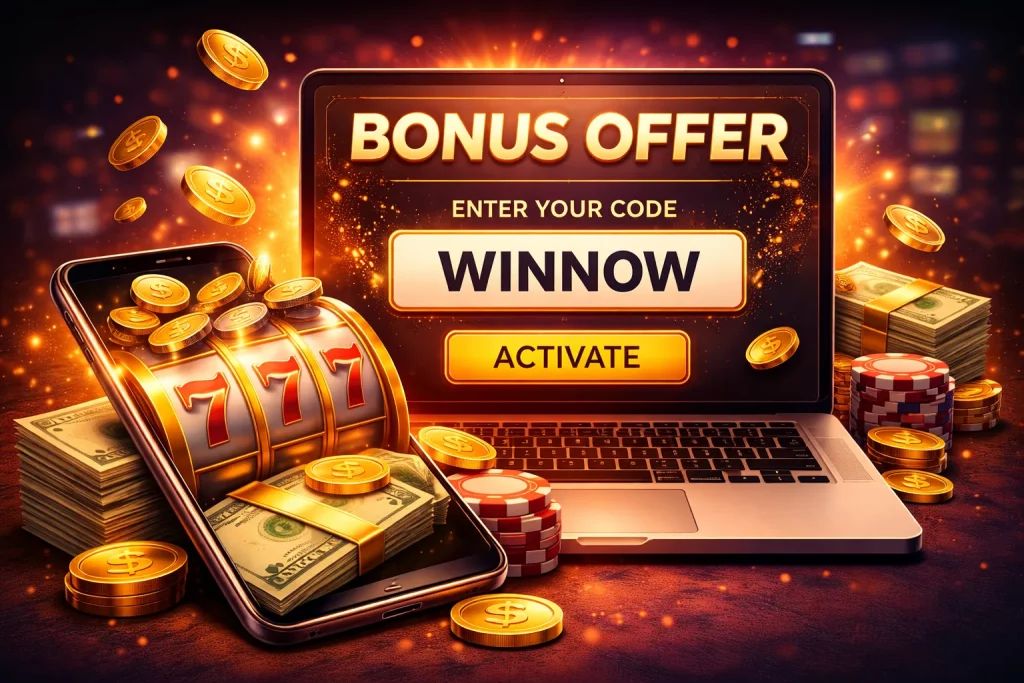 The casino bonus activation screen is displayed on a laptop and smartphone with slot reels, gold coins, and cash in premium dark mode.