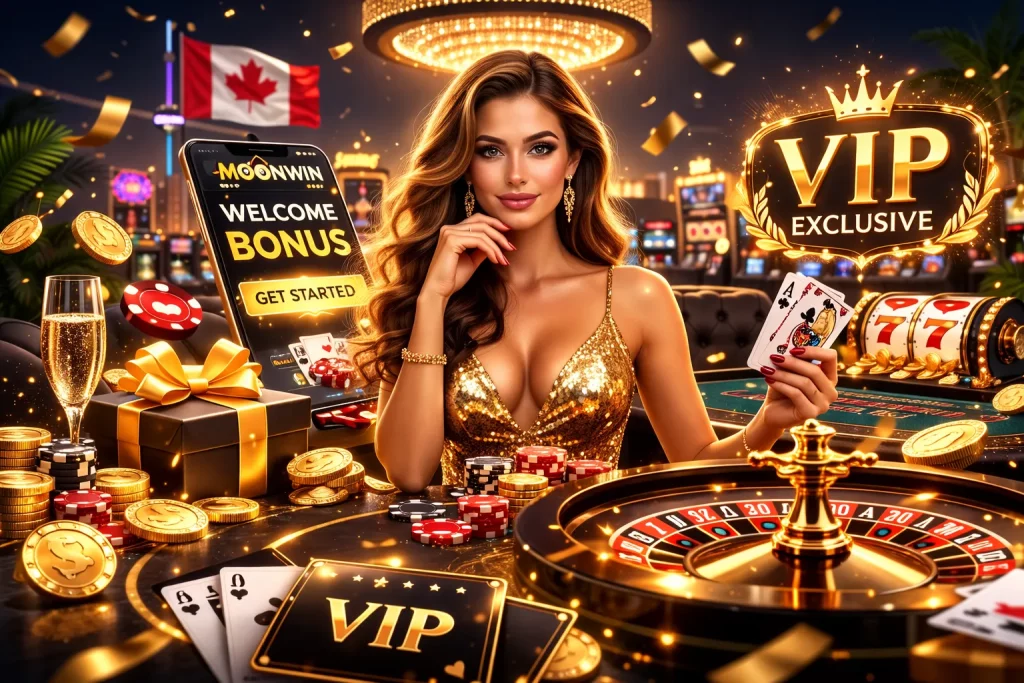 Glamorous woman in a gold dress presenting an online casino welcome bonus inside a luxury casino environment with roulette, chips, and digital jackpot elements.