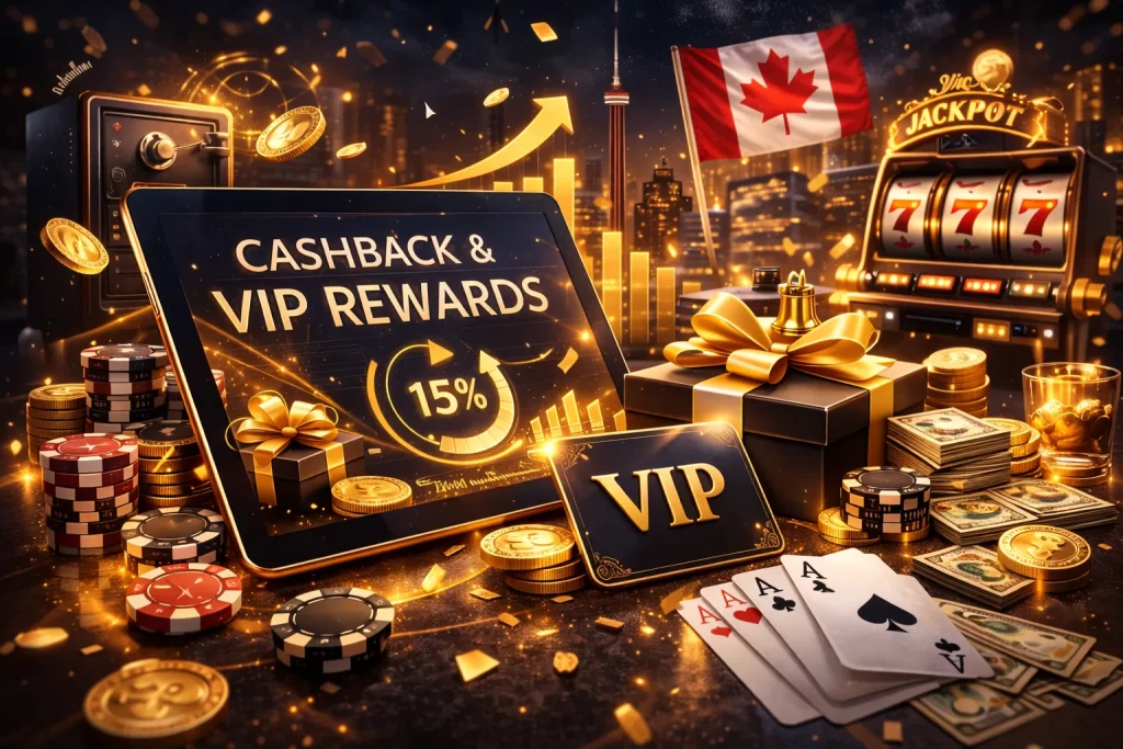 Tablet displaying cashback and VIP rewards promotion surrounded by casino chips, slot machine, gold coins, and Canadian-themed elements in a modern online casino scene.