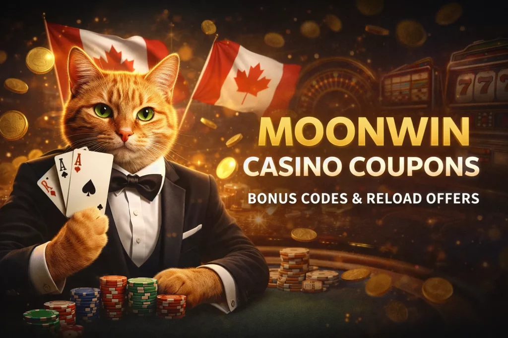 Moonwin Casino coupons banner featuring a tuxedo cat with playing cards, casino chips and Canadian flags promoting bonus codes and reload offers
