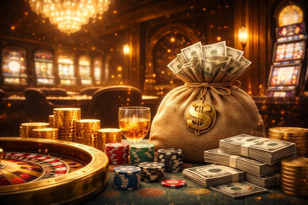 Luxury casino scene with roulette wheel, stacks of cash, poker chips and gold coins representing Moonwin Casino bonus offers and promotions