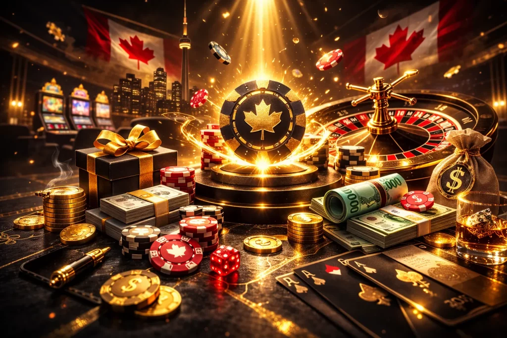 Luxury casino bonus scene with roulette wheel, open gift box, poker chips, stacks of cash and laptop slot game set against a Canadian backdrop