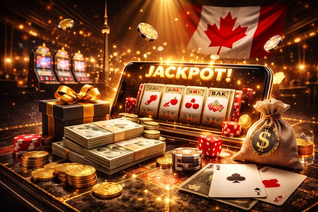 Golden casino scene with smartphone slot game, stacks of cash, poker chips and dice set against a Canadian night skyline