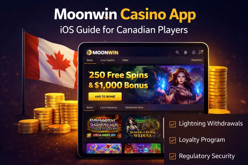 Moonwin Casino iOS app displayed on an iPad with a dark interface, welcome bonus banner, slot thumbnails, and Canadian theme elements highlighting mobile withdrawals, loyalty rewards, and secure gaming features.