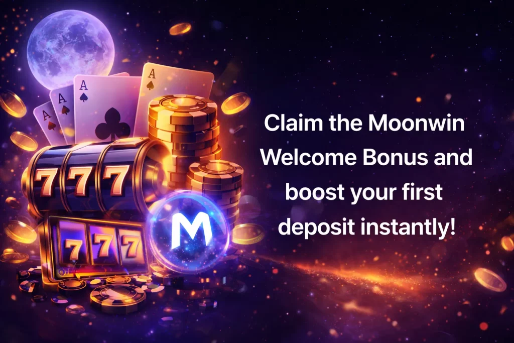 Moonwin Casino welcome bonus banner with glowing slot machine, poker cards and golden coins in a cosmic night background