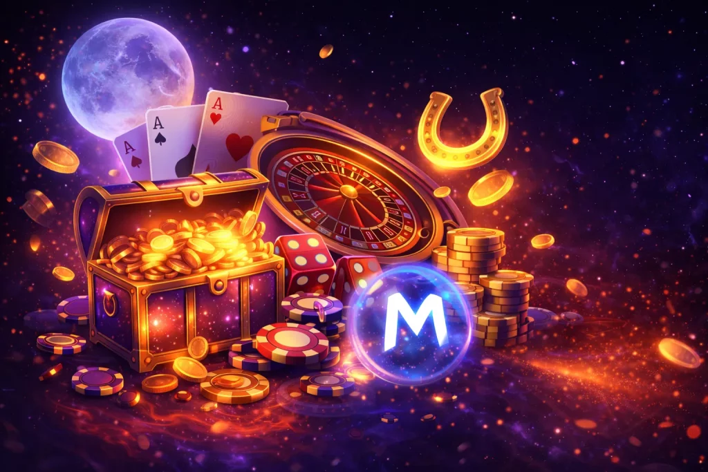 Moonwin Casino welcome bonus banner with glowing slot machine, poker cards and golden coins in a cosmic night background