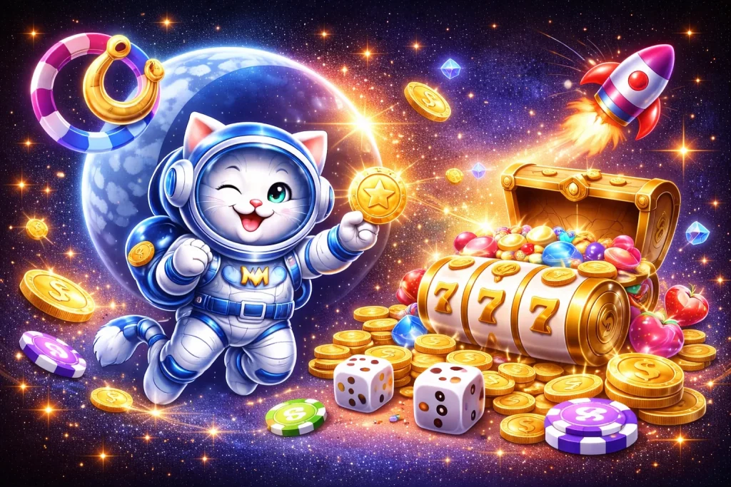 Colorful space-themed casino illustration with astronaut cat, treasure chest, dice, chips and gold coins floating against a starry cosmic background