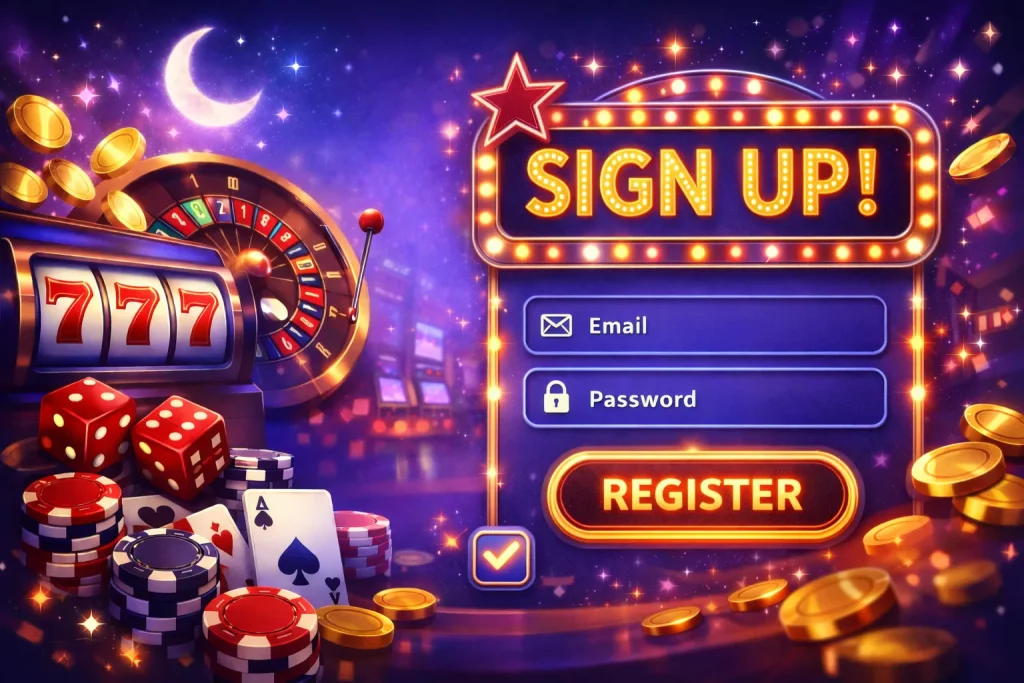 Casino sign up illustration with registration form, slot machine, poker chips, playing cards and gold coins on purple background