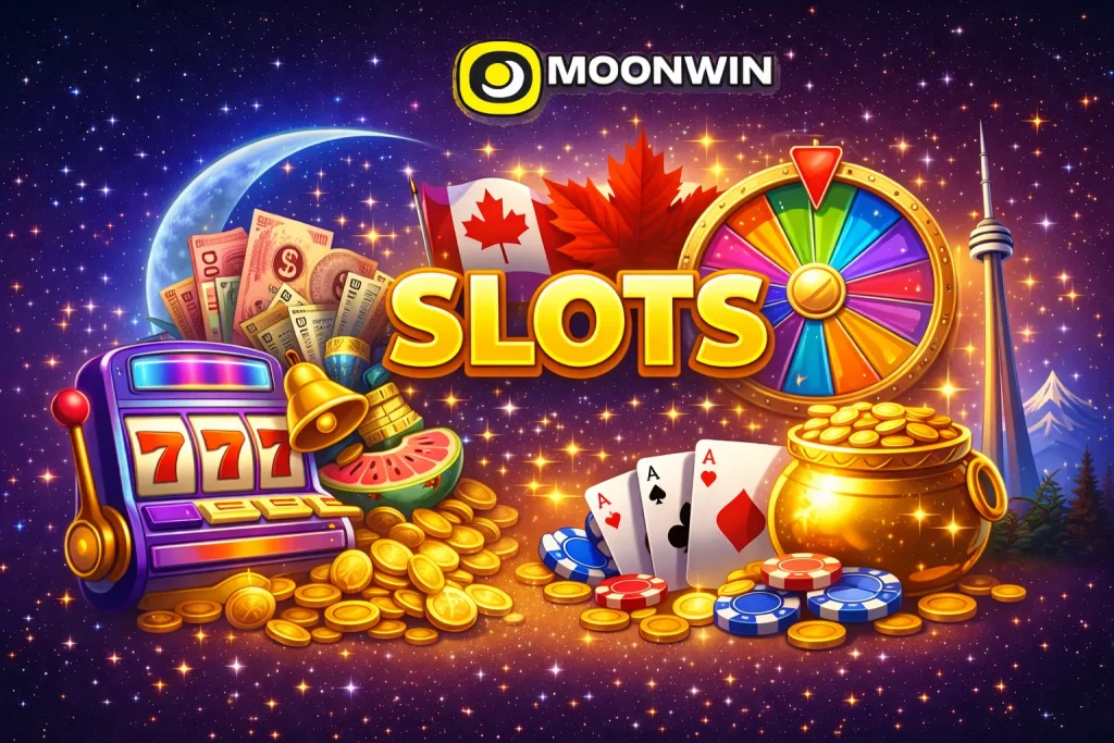 Moonwin Slots promotional banner featuring a fantasy slot machine.