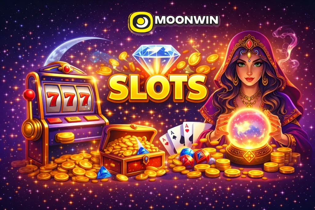 Colorful Moonwin online slots illustration with 777 slot machine, sparkling gems, playing cards, and golden coins under a starry night sky.