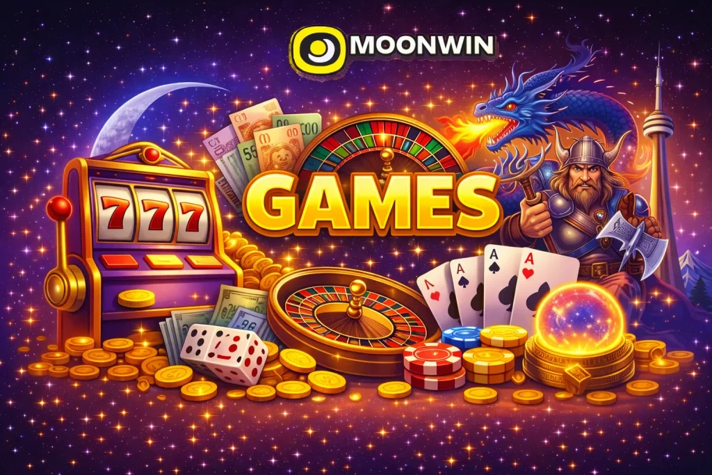 Moonwin Games banner with roulette wheel, slot machine, dragon, and poker elements on a night background.