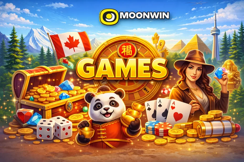 Moonwin Games illustration with treasure chest, panda mascot, explorer character, and casino symbols.