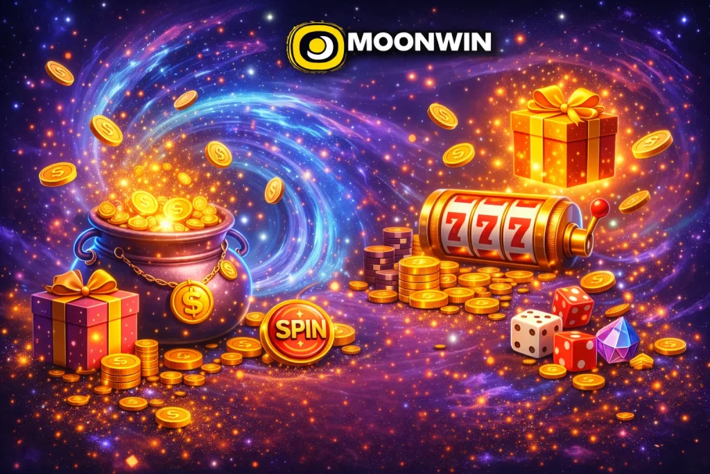 Grafika promująca bonus bez depozytu z magicznym kotłem złota, monetami, automatem 777 i kosmicznym tłem