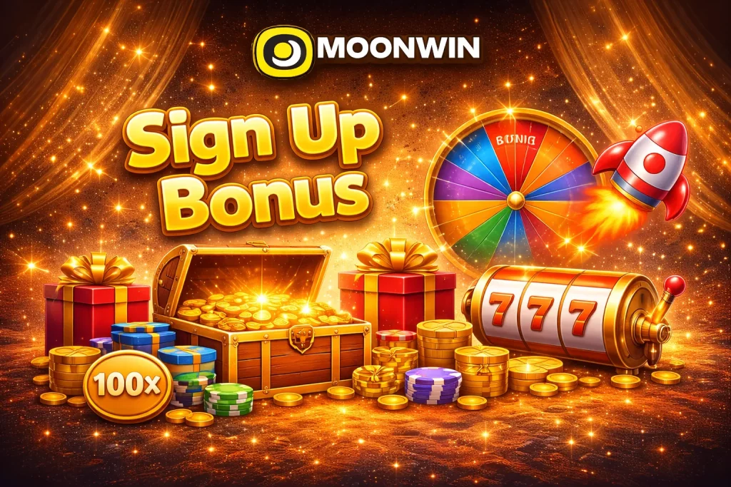 Welcome bonus illustration with an open chest full of gold coins, gifts and a 777 slot machine on a gold background