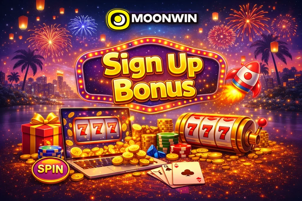Sign-up bonus promotional graphic featuring a neon sign, a laptop with a 777 win, fireworks, and a night cityscape