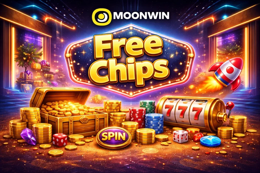 Free Chips casino promotion banner with tropical night background, fireworks, bonus wheel, slot machine 777 and stacks of colorful chips