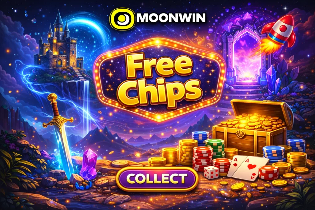 Free Chips promotional artwork featuring fantasy castle, glowing portal, treasure chest with gold coins and casino elements in magical landscape