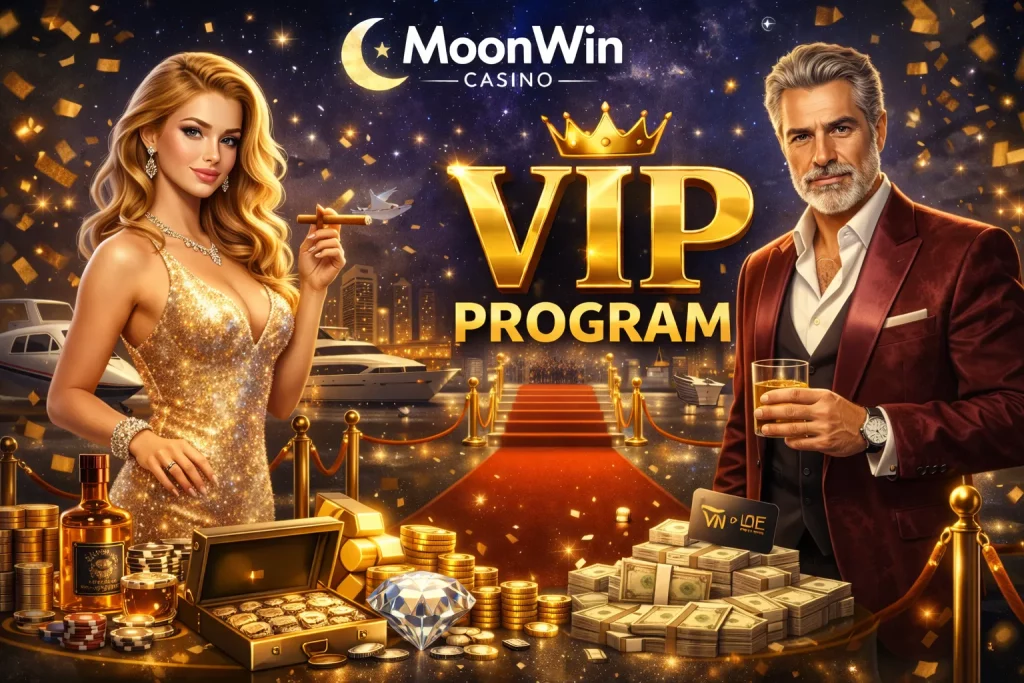 Luxury VIP casino illustration with golden red carpet, champagne, diamond, private yachts, and premium rewards concept for MoonWin Casino VIP Program page.