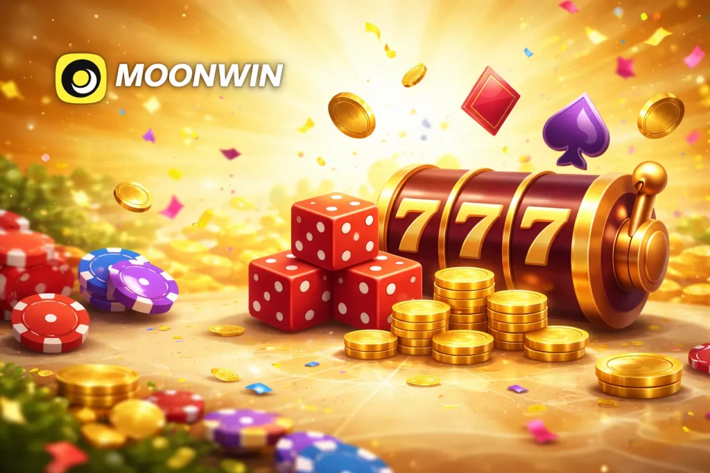 Casino bonus themed image for Moonwin Casino featuring slot reels, playing dice and stacked gold coins