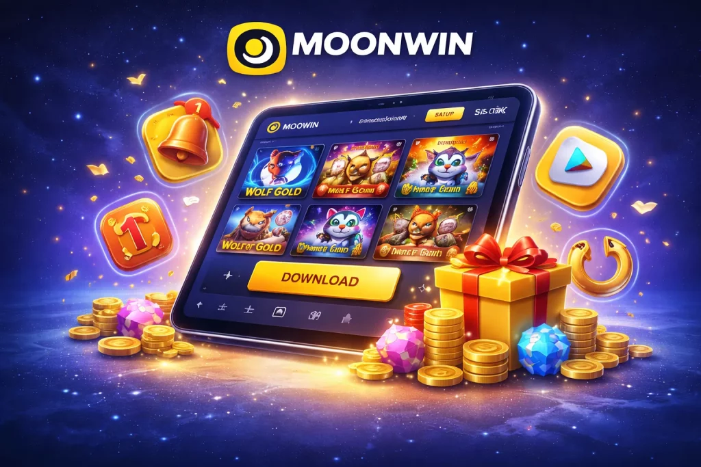 Moonwin Casino app — official logo and tablet interface representing the mobile application