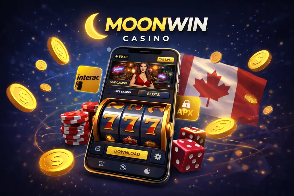 Moonwin Casino mobile app displayed on a smartphone with slot reels showing triple 7 symbols, surrounded by gold coins, poker chips, Interac payment icon, Canadian flag, and live casino interface elements in a dark blue and gold theme.
