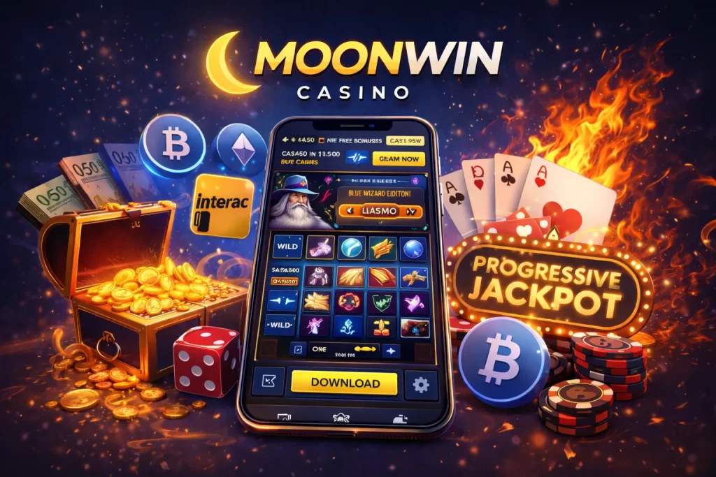 Moonwin Casino mobile platform showcased on a smartphone featuring a slots interface, progressive jackpot sign, treasure chest filled with gold coins, cryptocurrency icons, poker cards, and fiery visual effects in a dark blue and gold promotional design.