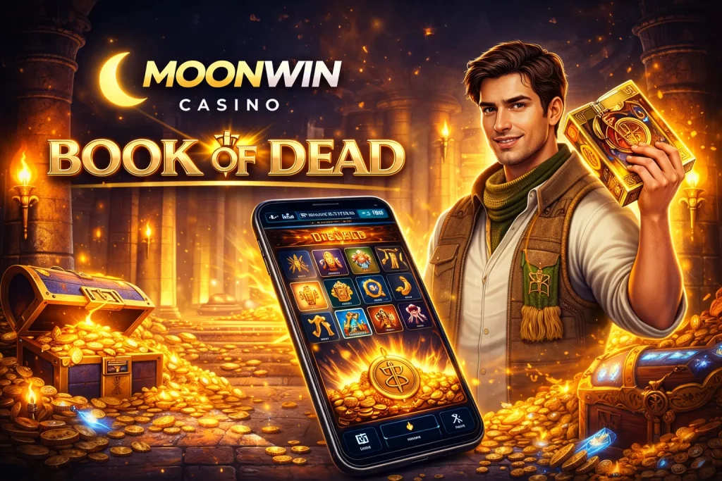 Moonwin Casino Book of Dead promotional banner featuring an adventurer holding a glowing golden book inside an ancient Egyptian temple, with treasure chests, gold coins, burning torches, and a smartphone displaying the Book of Dead slot interface in a dark blue and gold theme.